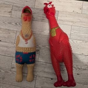 Funny Chicken Squeaky Toy Set - Red and Tan
